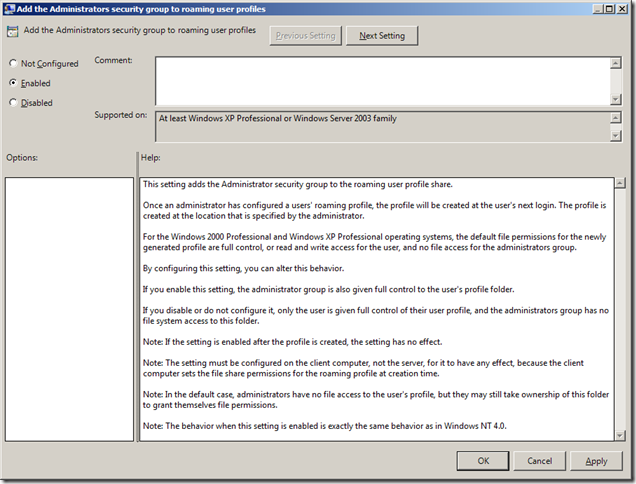 Group Policy Setting of the Week 15 — Add the Administrator security group to roaming users profiles