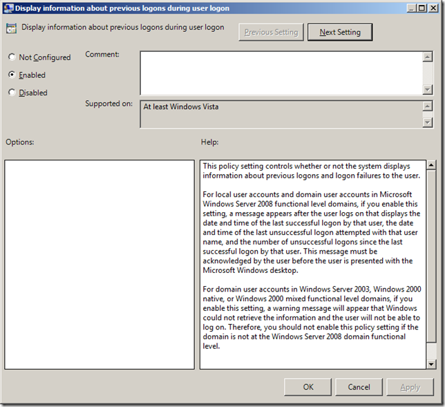 Group Policy Setting of the Week 35 — Display information about previous logons during user logon